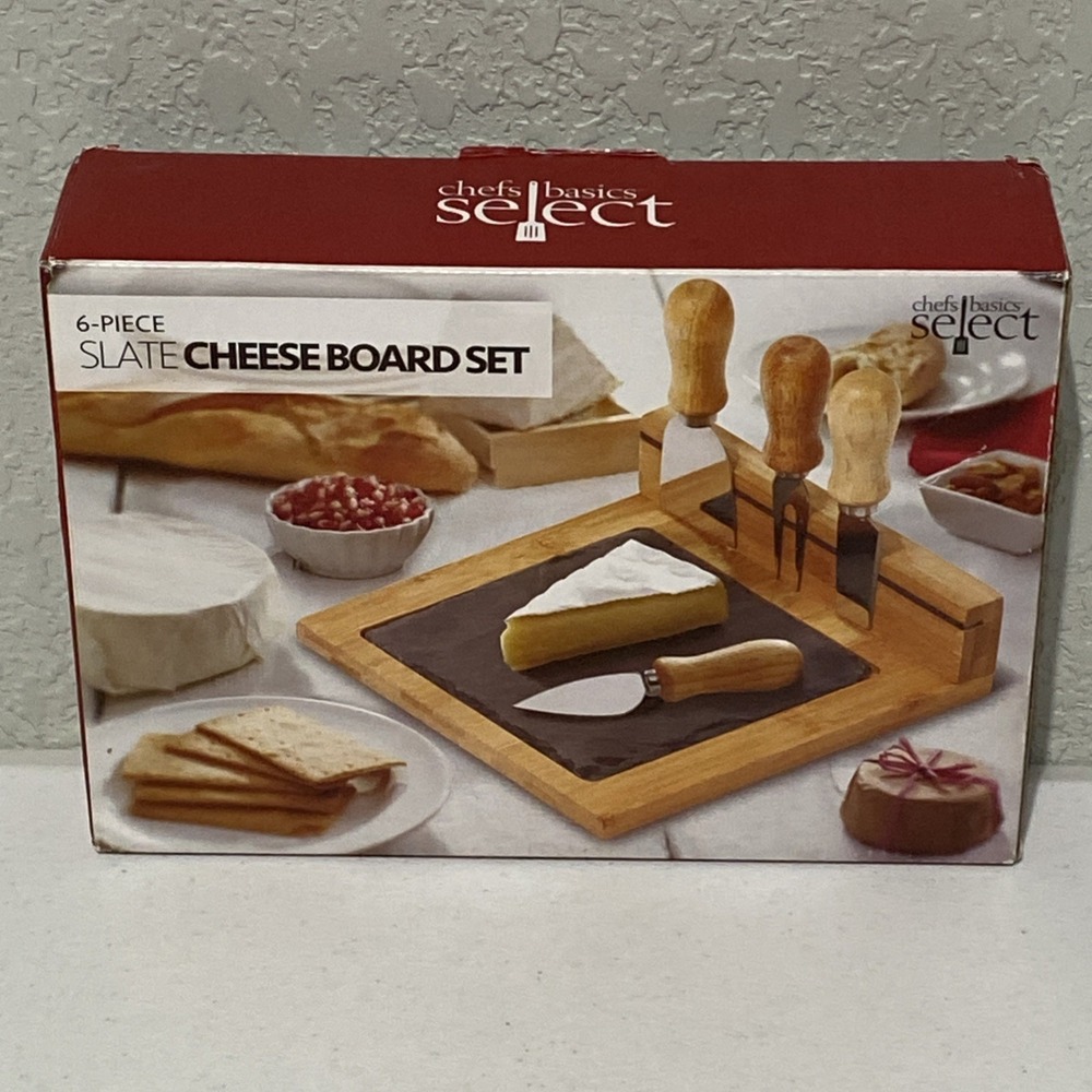 6 Piece Slate Cheese Board Set Knives Fork Bamboo Wood Tray Removable Slate NEW